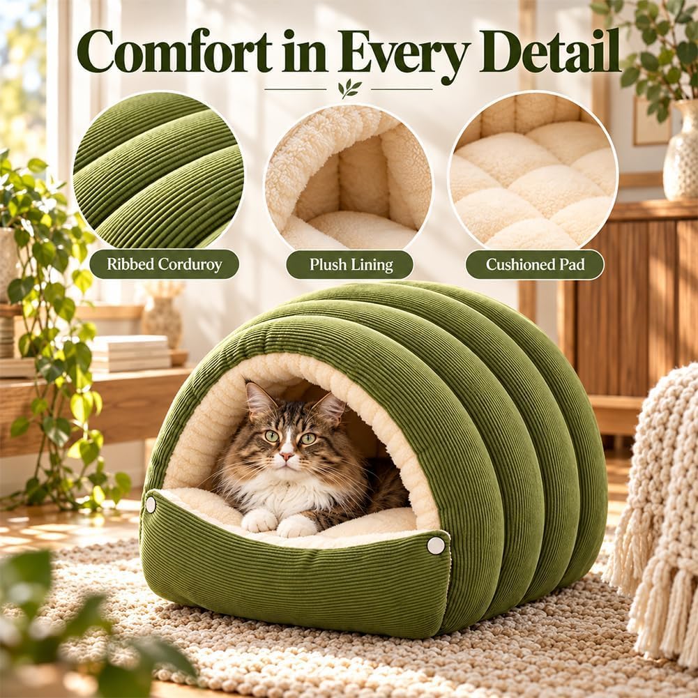 Upgrade Dog Cave Bed for Small Dogs and Cats, Covered Pet Bed with Plush Interior and Ribbed Exterior, Cozy Indoor Hidea