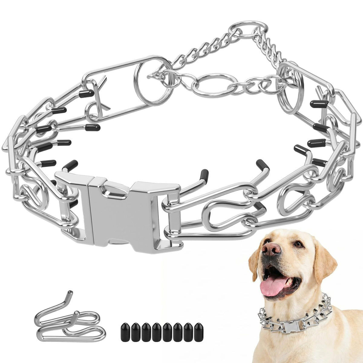 Supet Prong Collar for Dogs, Adjustable Dog Pinch No Pull Training Collar with Quick Release Buckle, Rubber Tips and Extra Links for Small Medium Large Dogs