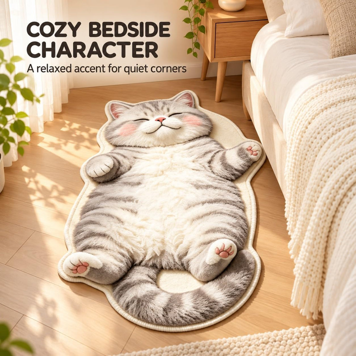 Sleeping Cat Rug, Plush Cat Shaped Floor Mat for Bedroom and Entryway