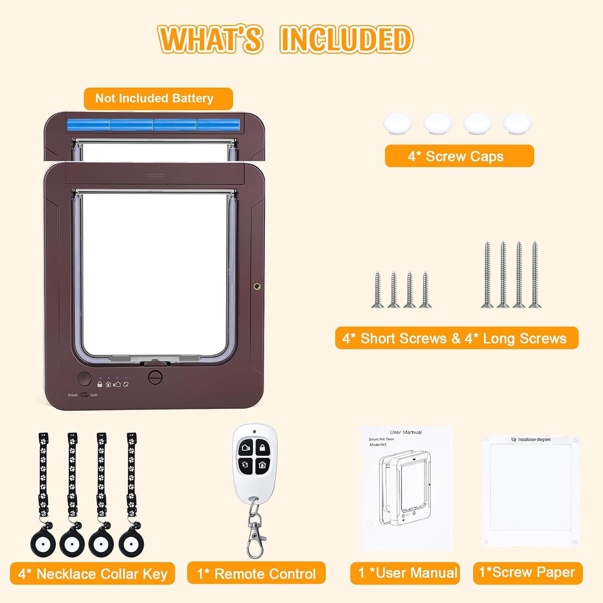 Smart Cat Door with 4 Collar Sensor Key, RFID Cat Door Collar Activated with Remote Control, 4 Way Locking Cat Flap Auto