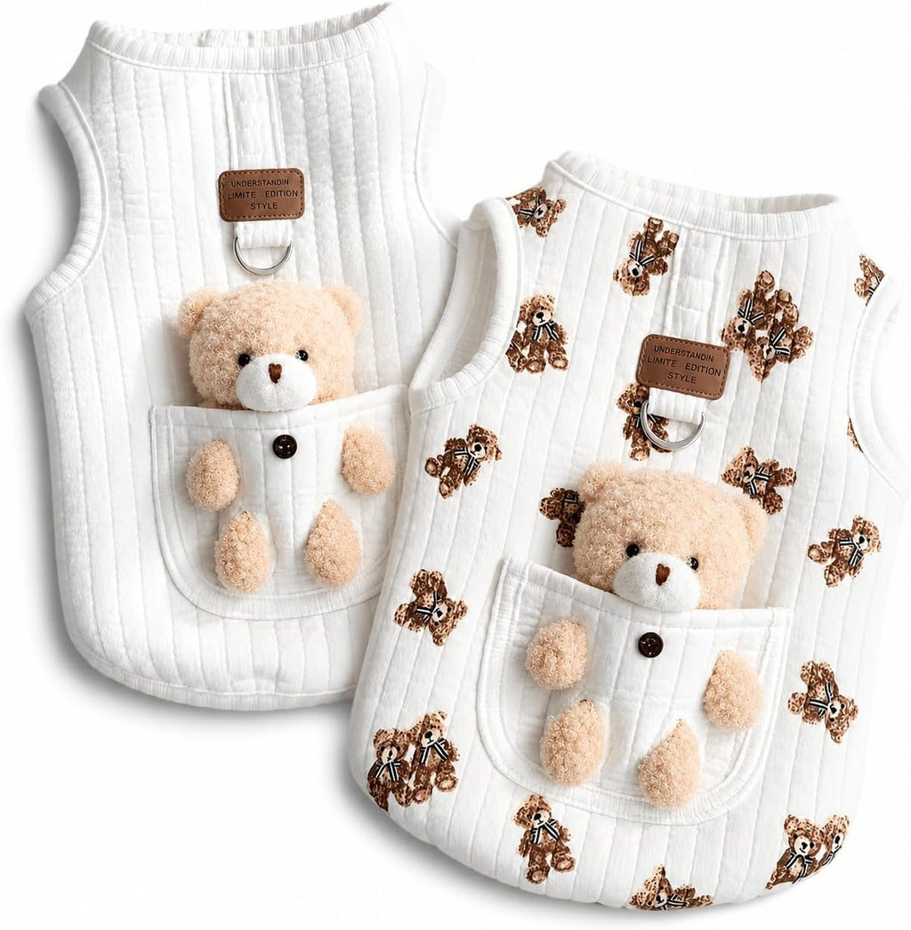 Dog Vest with 3D Plush Teddy Bear Pocket, 2-Pack，S (2.2-4.4lbs)
