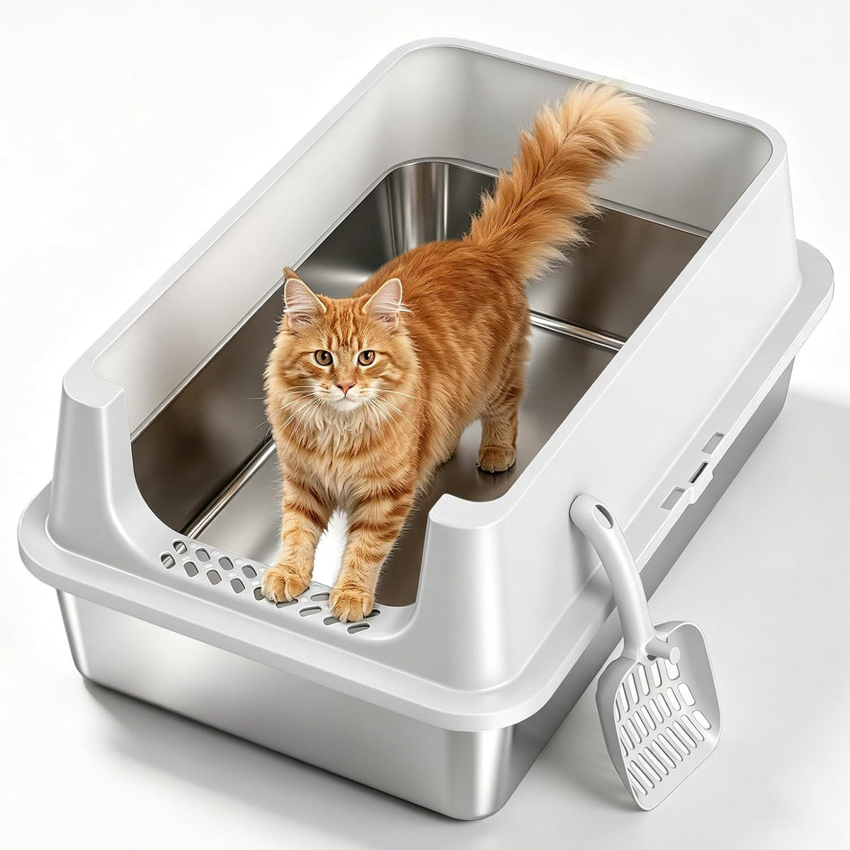Stainless Steel Litter Box with Scoop,Small Metal Pan for Cats, Light Gray