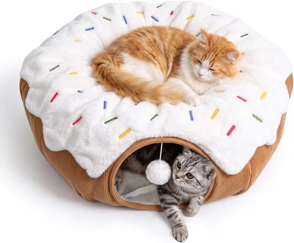 Donut Cat Bed Tunnel for Indoor Cats with Hanging Pom Pom Toy