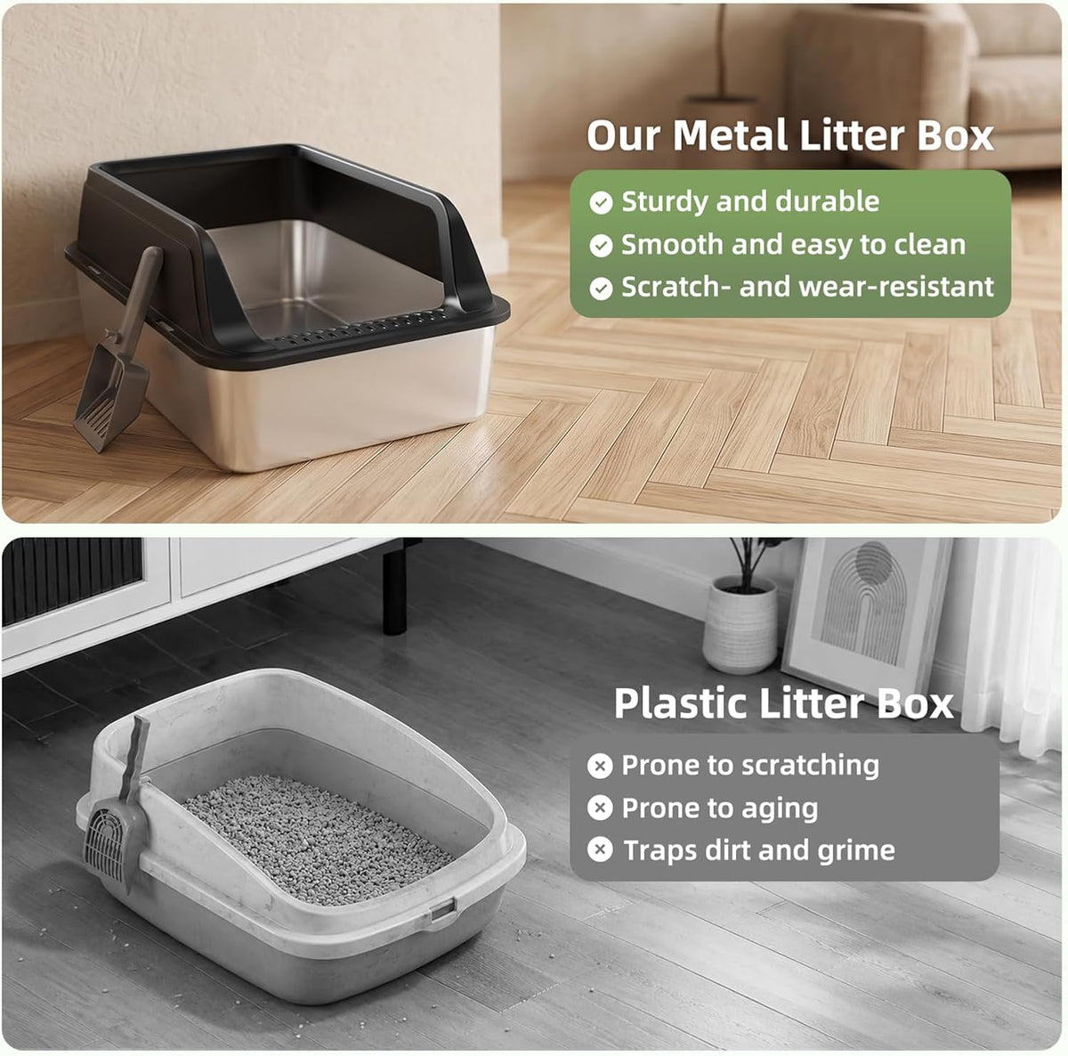 FURTIME Stainless Steel Litter Box with Lid, High Sided Metal Litter Box