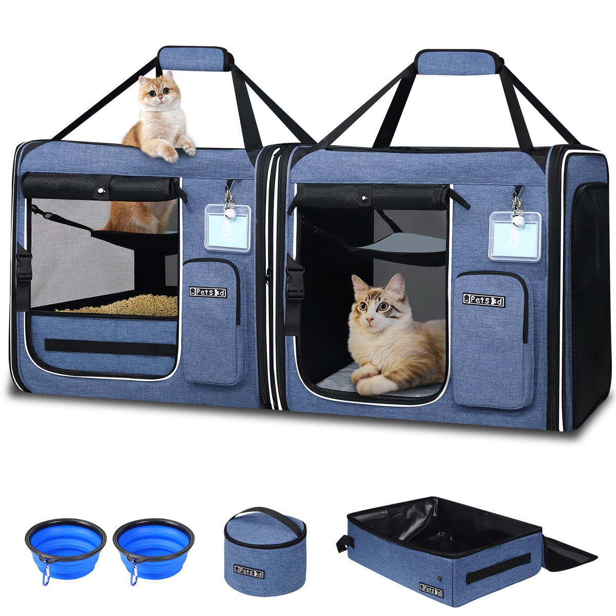 Petskd 2 in 1 Double Cat Car Travel Carrier with Litter Box, Blue