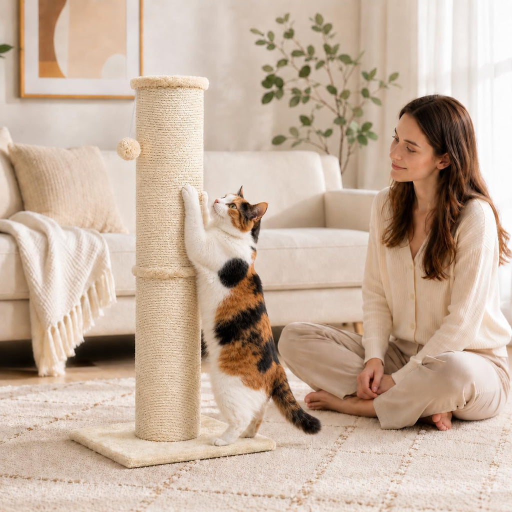 PAWSCRAT 32-Inch Tall Cat Scratching Post, 5.5-Inch Diameter, Sisal, Beige