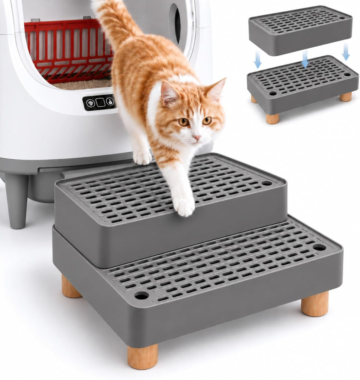 CALMEN Litter Box Step, Double-Layer Litter Catcher, for Kittens & Seniors