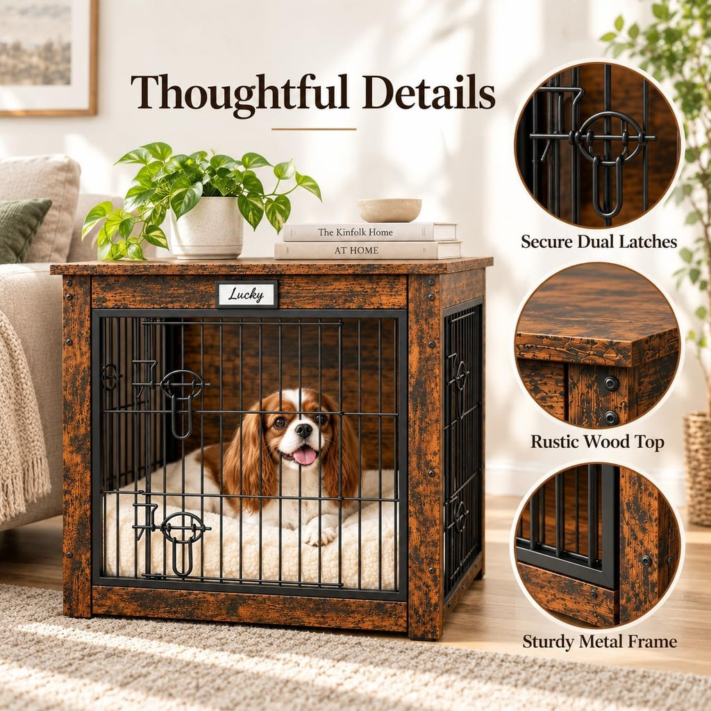 Furniture Style Dog Crate End Table for Small Medium Dogs, 28" Wooden Indoor Dog Kennel with Reversible Side Door & Doub