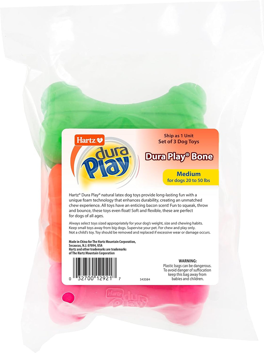 Hartz DuraPlay Bone Squeaky Latex Dog Toy for Medium Breeds, 3 Pack