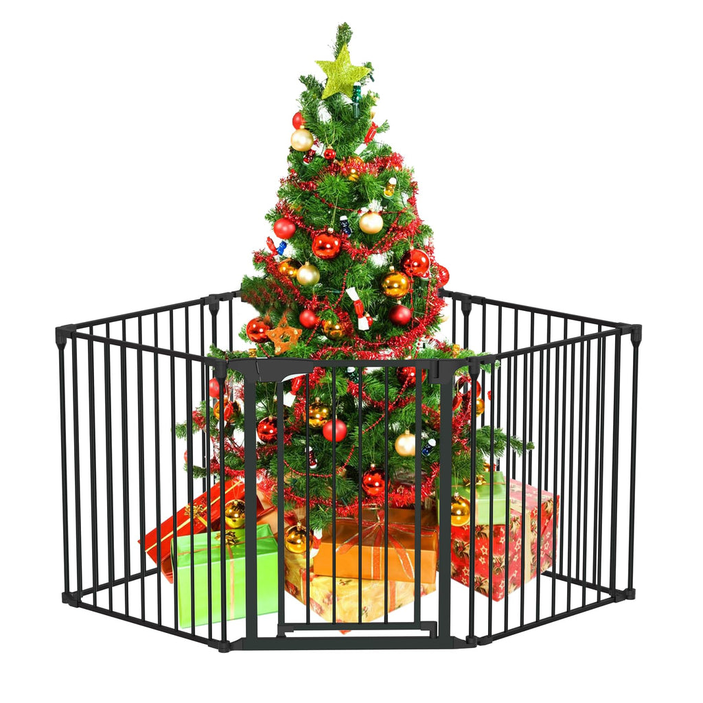 Bonnlo 134 Inches Wide Configurable Baby Gate, Fireplace Safety Fence/Guard, Adjustable 5-Panel Metal Play Yard for Toddler/Pet/Dog, Christmas Tree Fence, Includes 4 Pack of Wall Mounts, Black