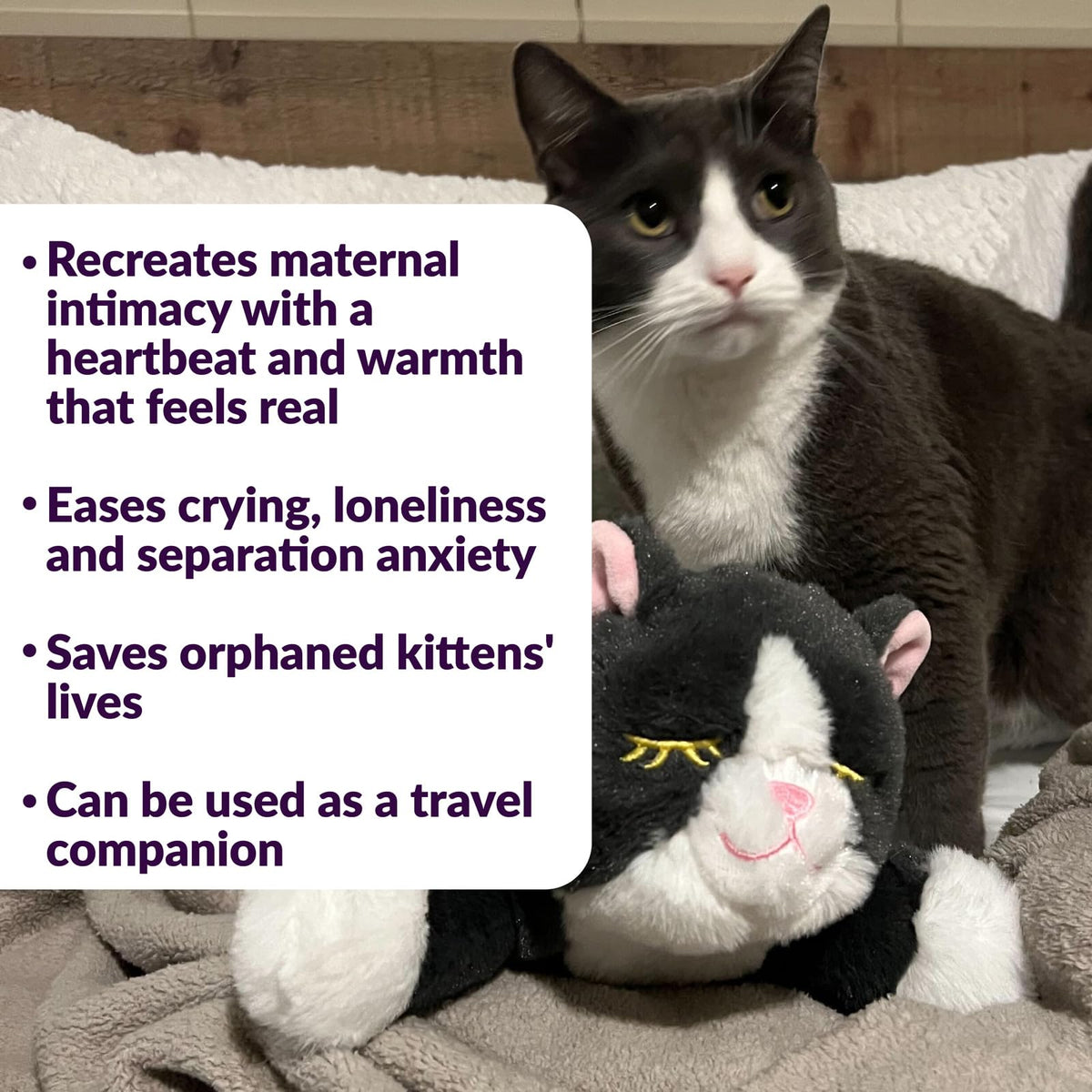 Snuggle Kitty Heartbeat Cat Toy, Calming Comfort, Kittens - Grey and White