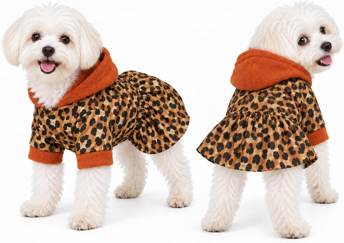 Dog Hoodie Sweaters for Small Dogs,Leopard Print Hooded Dress Skirt for Chihuahua Yorkie Pomeranian Maltese Poodle Pug,W