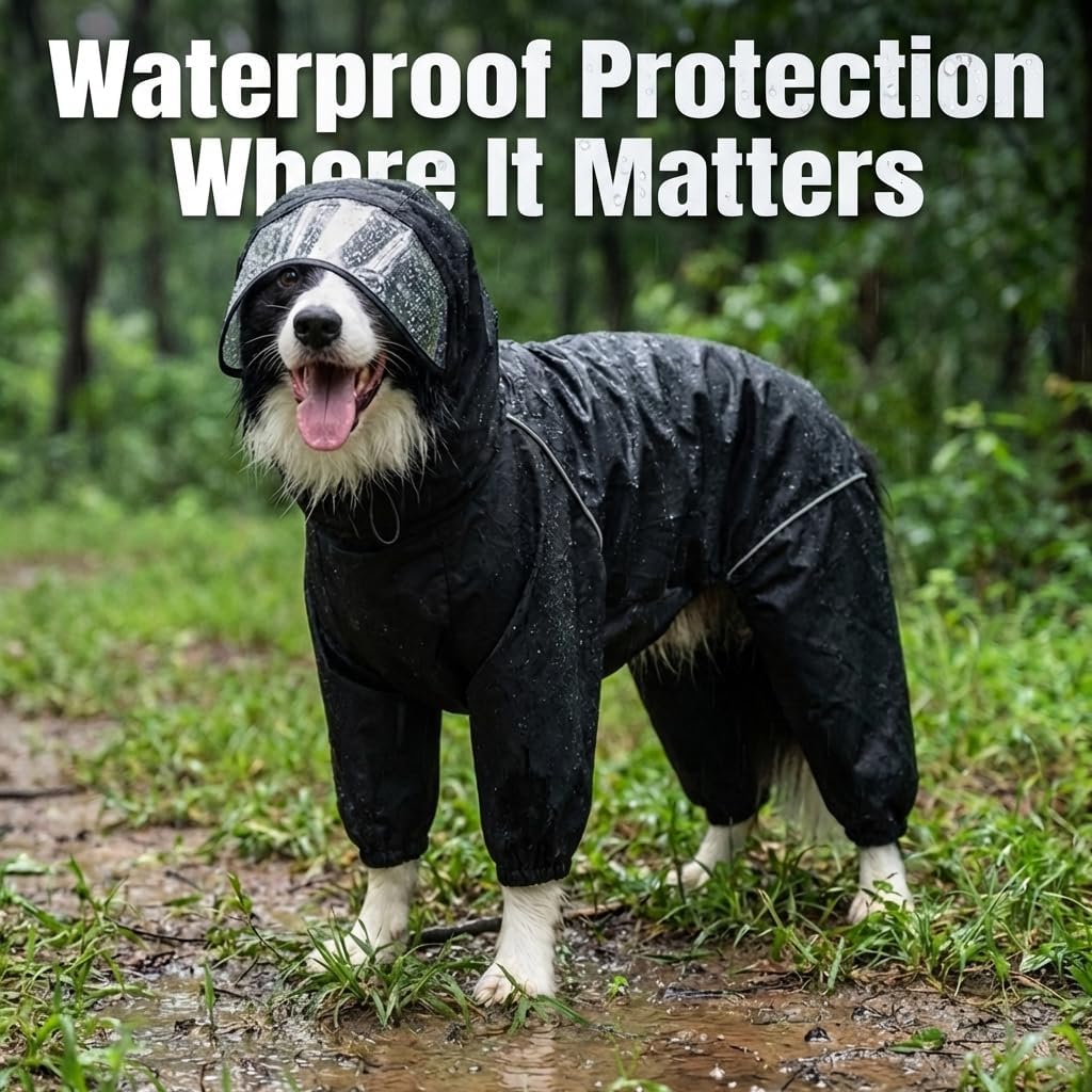 Dog Raincoat for Medium Large Dogs,rain Jacket Coat, Full Leg Coverage Waterproof Rain Suit with Detachable Hood & Tail,