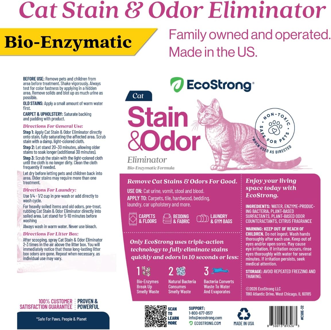 Eco Strong Cat Stain And Odor Remover | Enzyme Urine Odor Neutralizer - Stain Remover for Carpet, Litter Boxes, Bedding,