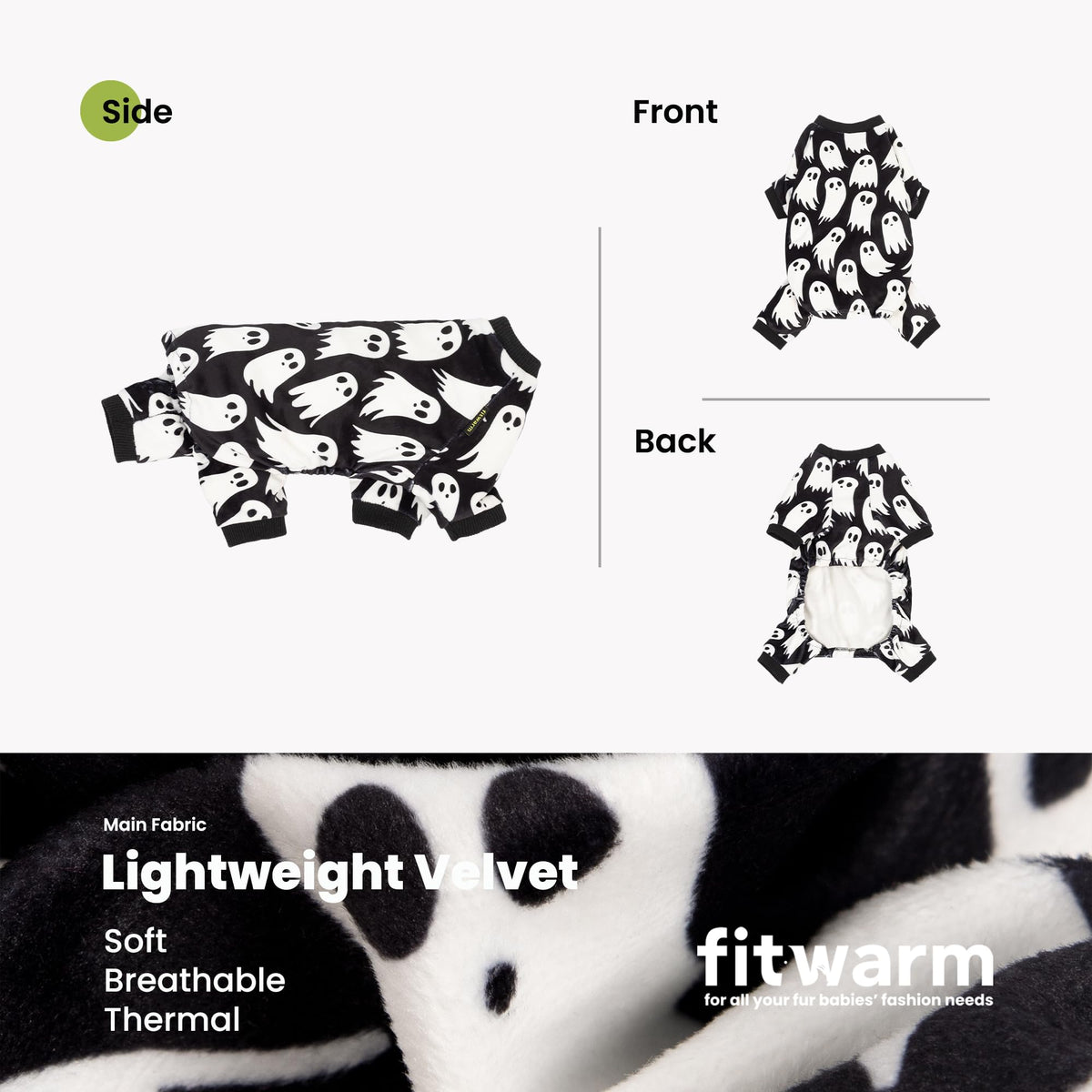 Fitwarm Halloween Ghost Dog Pajamas, Funny Halloween Costumes for Dogs, Fleece Dog Onesie with Feet, Doggy Clothes for Small Dogs Boy Girl, Pet Apparel, Black, White, Medium