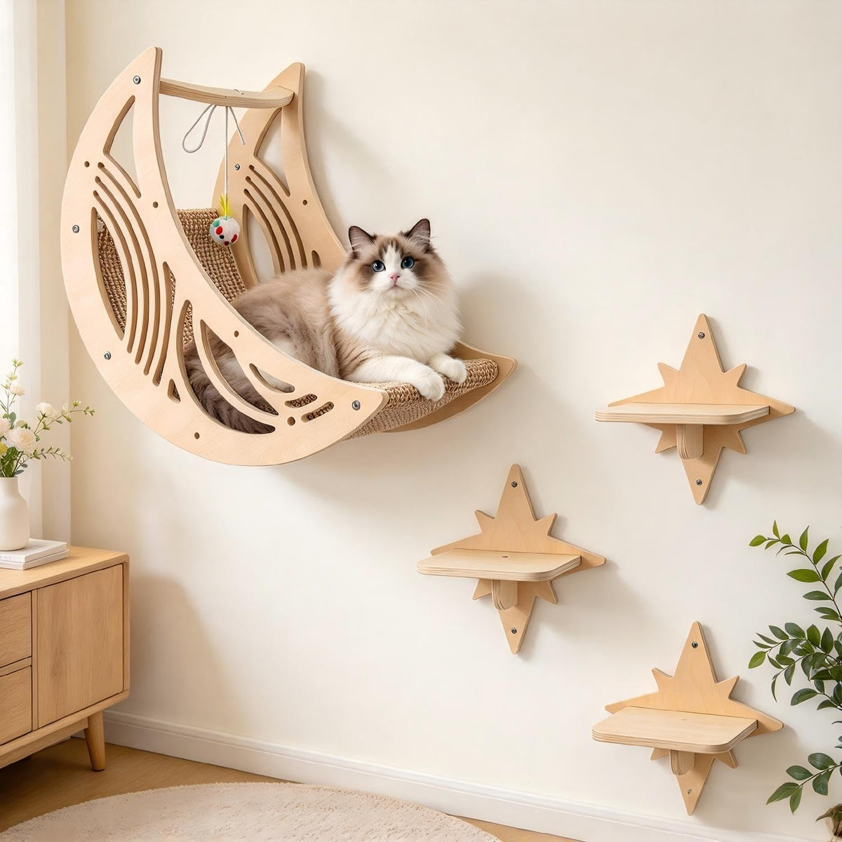 Moon & Star Cat Wall Shelves - Boho Wooden Indoor Cat Climbing Furniture