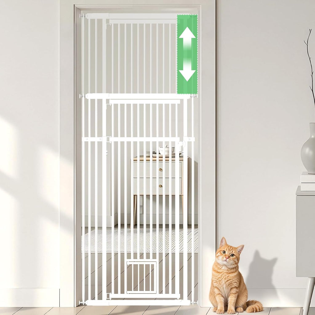 54"-87" Height Adjustable Extra Tall Cat Gate for Doorway, 27.1"-33" Wide Pet Gate with Cat Door & Extension Kits, Press