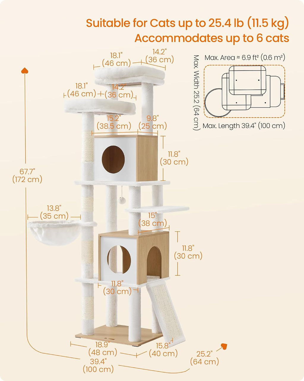 Feandrea Tall Cat Tree, 6-Tier Cat Tower with 2 Condos, 67.3 in