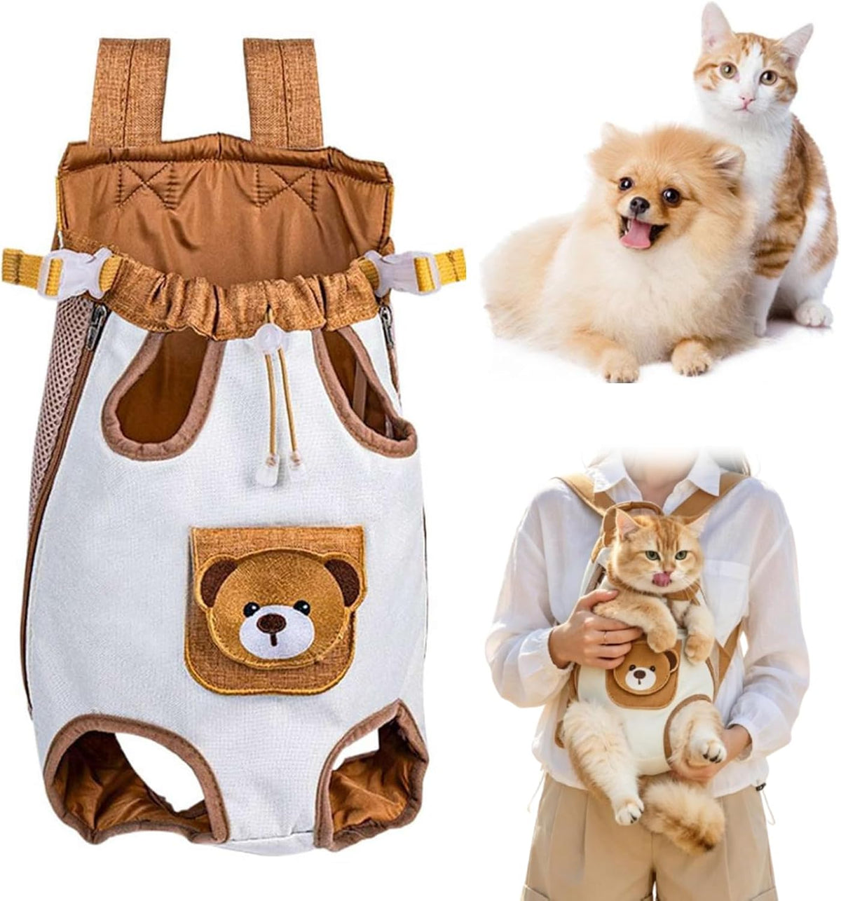 Cute Bear Design Front Pet Carrier Backpack, Hands Free Pet Travel Bag (L)