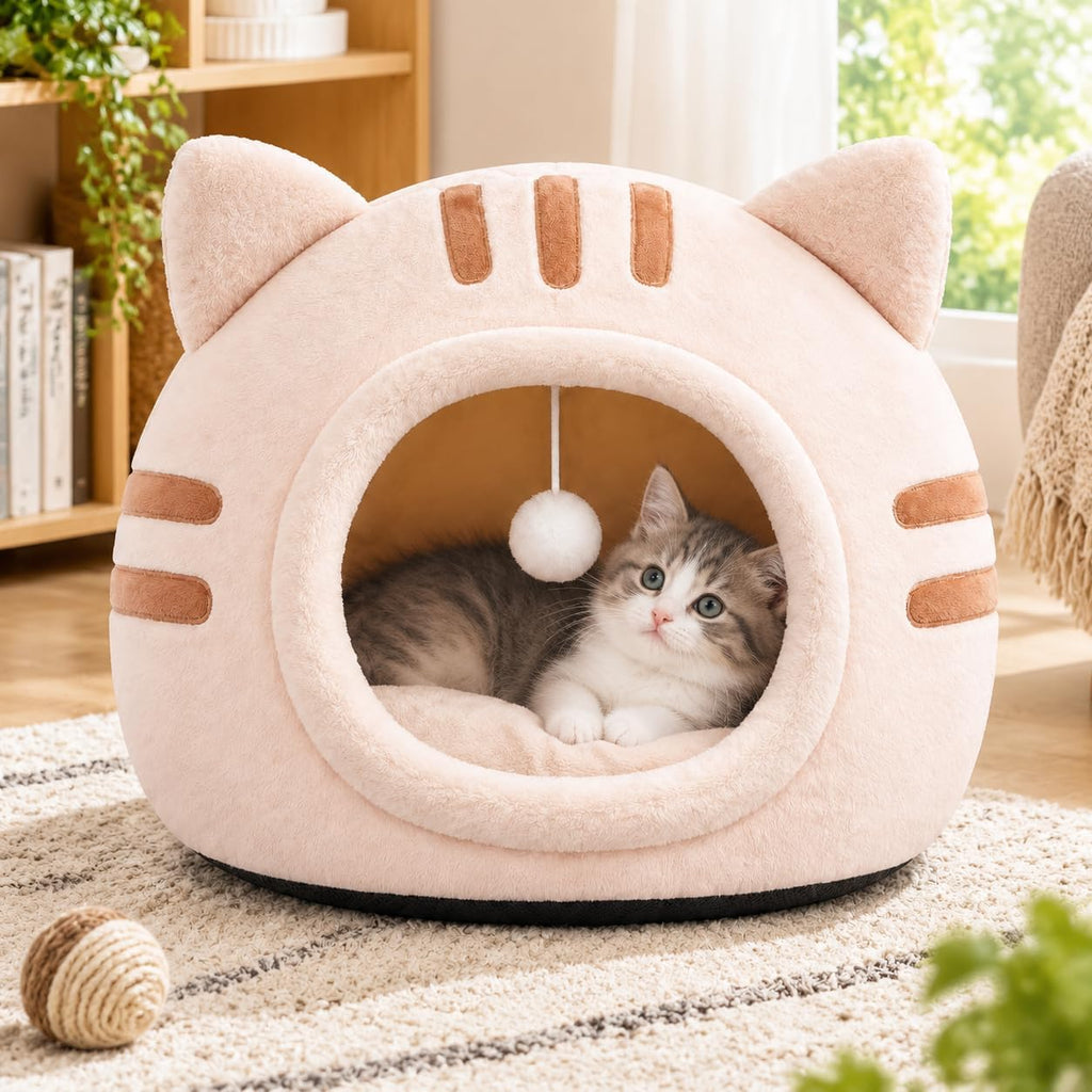 Cat Bed Cave Enclosed Cat Beds for Indoor Cats, Washable Covered Hideaway (Light Pink, L)