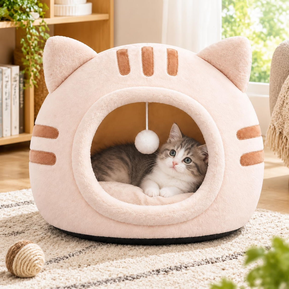 Cat Bed Cave Enclosed Cat Beds for Indoor Cats, Washable Covered Hideaway (Light Pink, L)