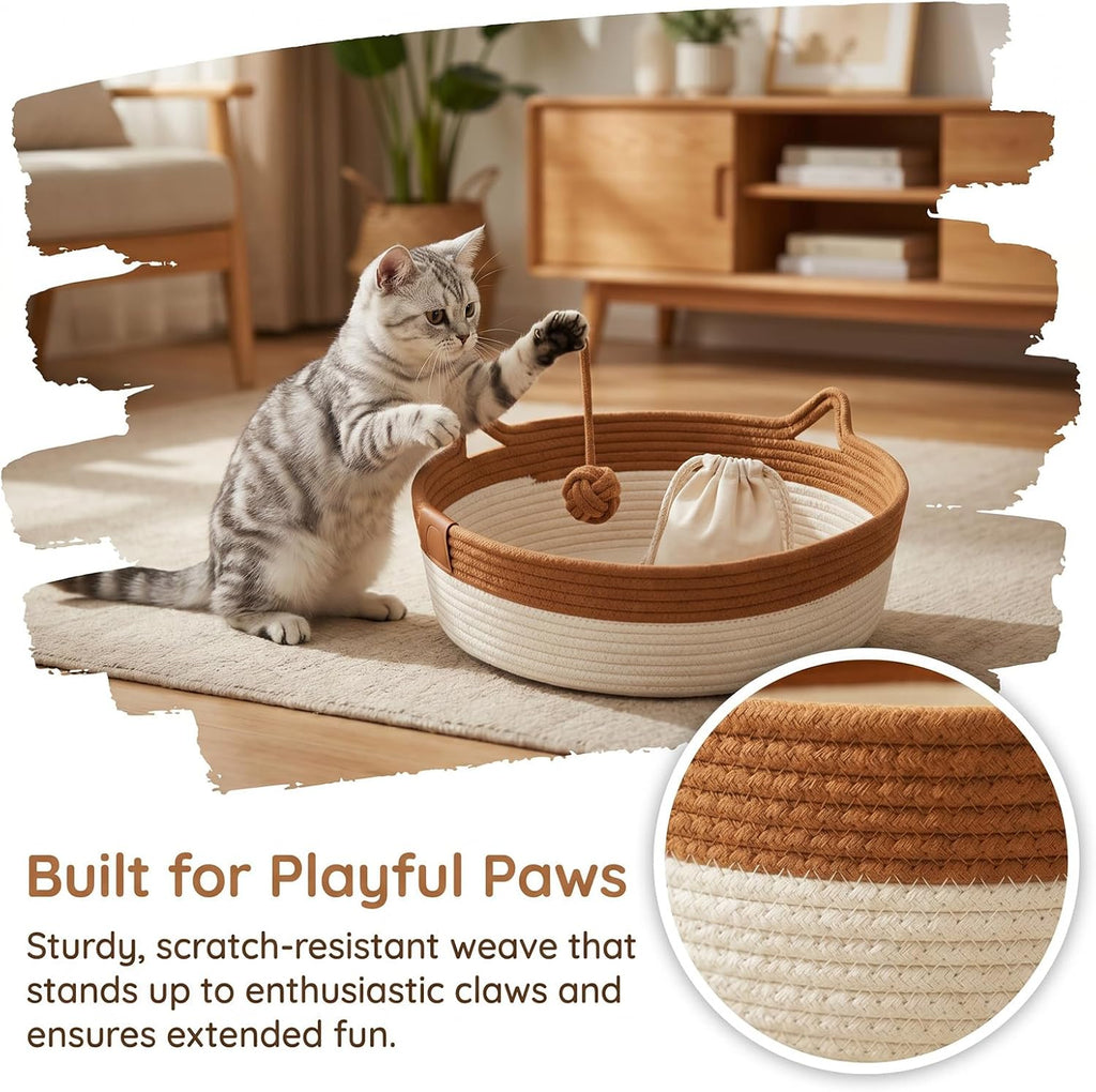 Hand-Woven cat Bed Basket with a Hanging Ball for Better Breathability (Caramel, Large)