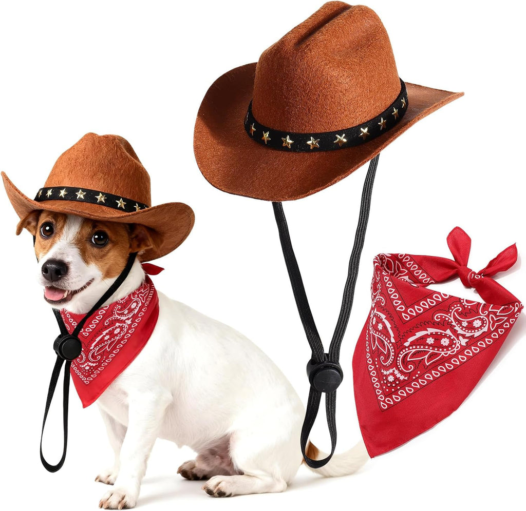 Pet Cowboy Costume, Dog Cowboy Hat with Bandana Scarf, Adjustable Cat Cowboy Hat for Party Cosplay Christmas, Halloween 