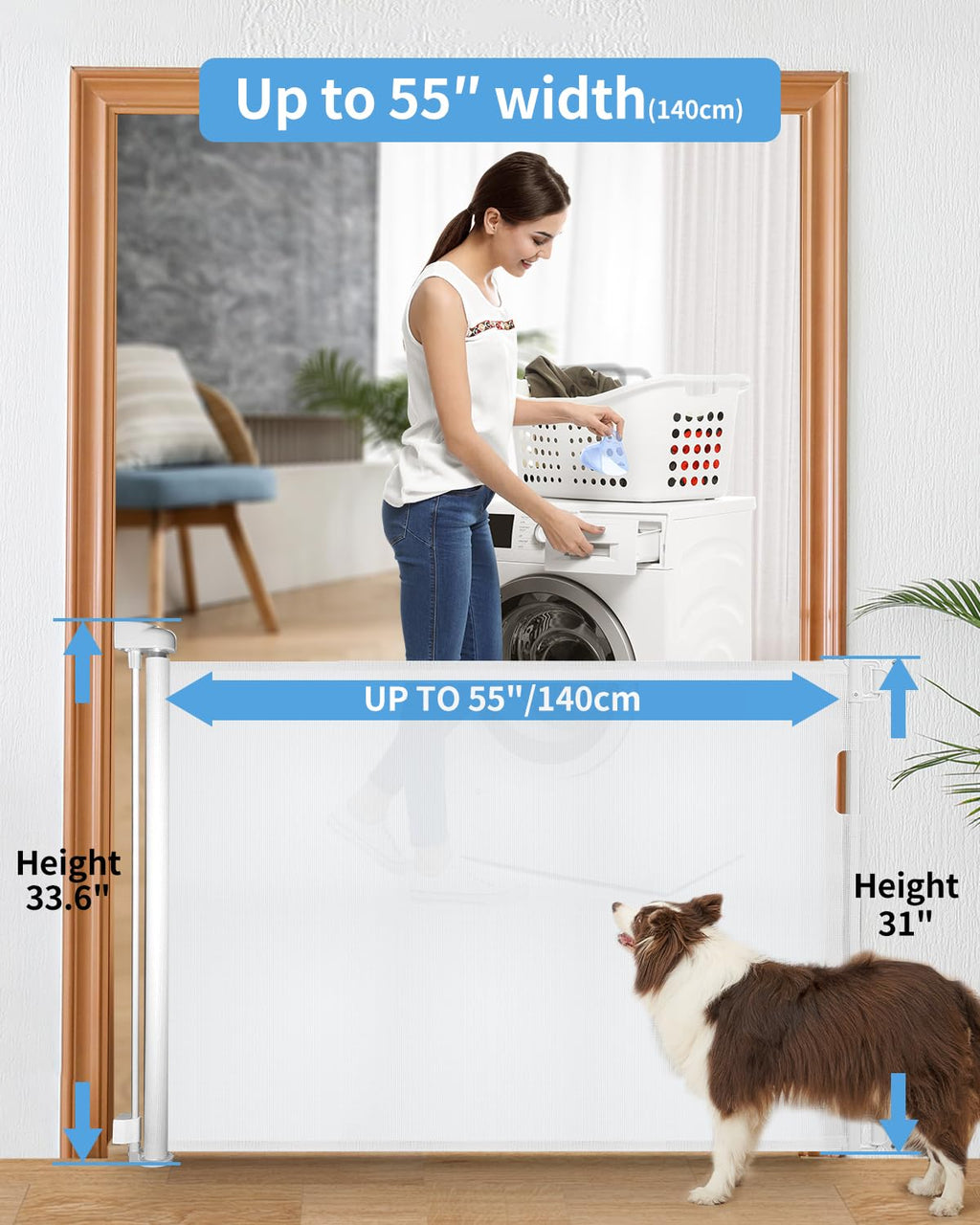 Retractable Dog Gate and Baby Gate for Stairs, 33"H x 55"W, Drill Mount