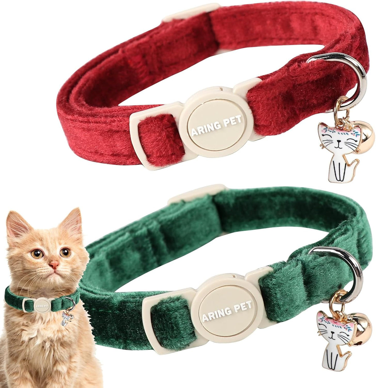 ARING PET 2 Pack Cat Collars-Cute Breakaway Cat Collar with Bell & Pendant, Adjustable Christmas Kitten Collars with Saf