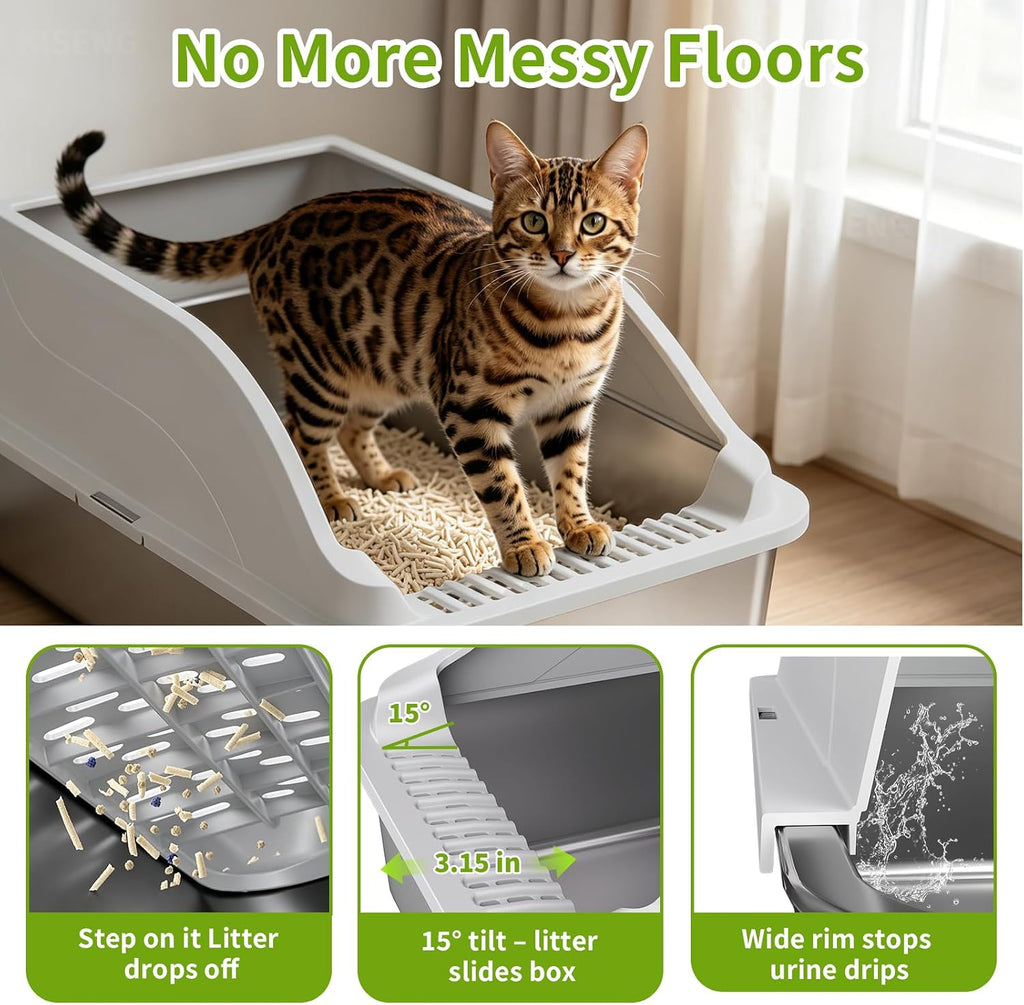 Stainless Steel Cat Litter Box, Extra Large XL Metal LitterBox, Light Grey