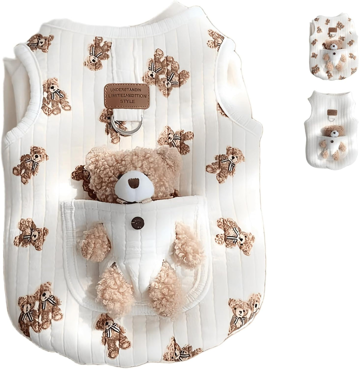 Dog Vest with 3D Plush Teddy Bear Pocket, 2-Pack，S (2.2-4.4lbs)