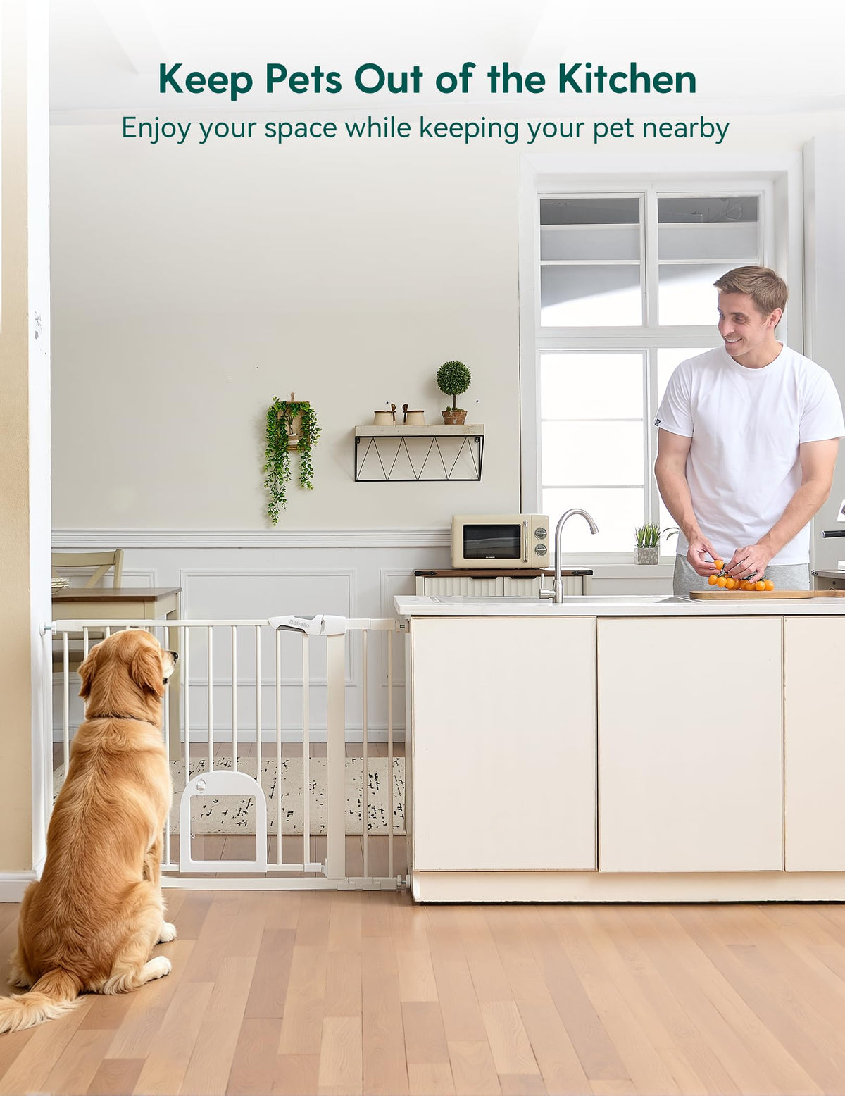Babelio Dog Gate with Adjustable Cat Door, CatPrivilege III, 29-43", White
