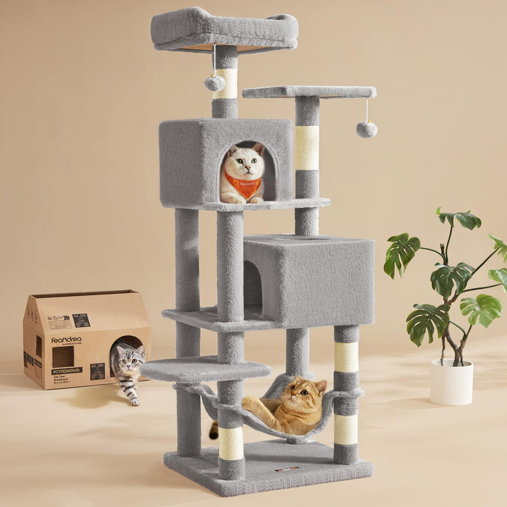 Feandrea Cat Tree, 59.5-Inch Tall Cat Tower, Multi-Level Condo, Light Gray