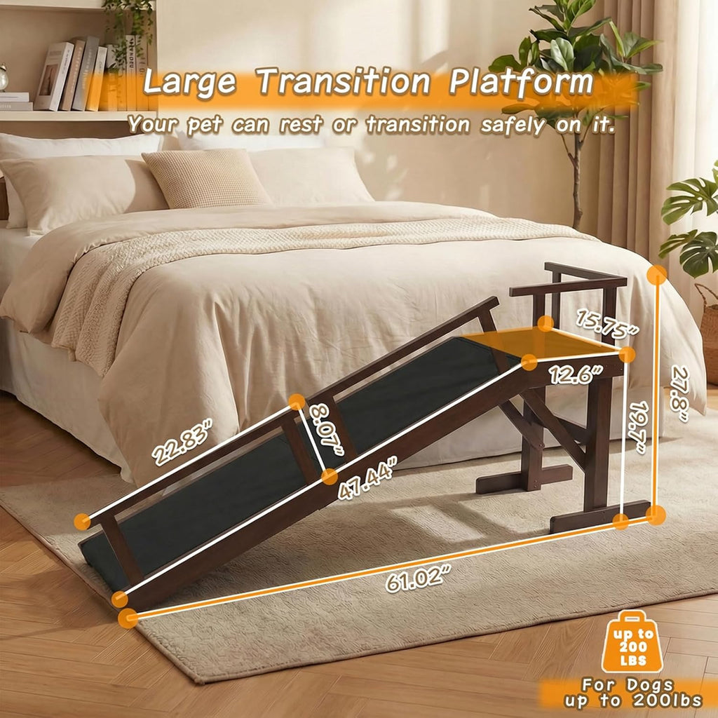 61" Dog Ramp for Bed&Couch, Non-Slip Platform with Removable Rails Walnut