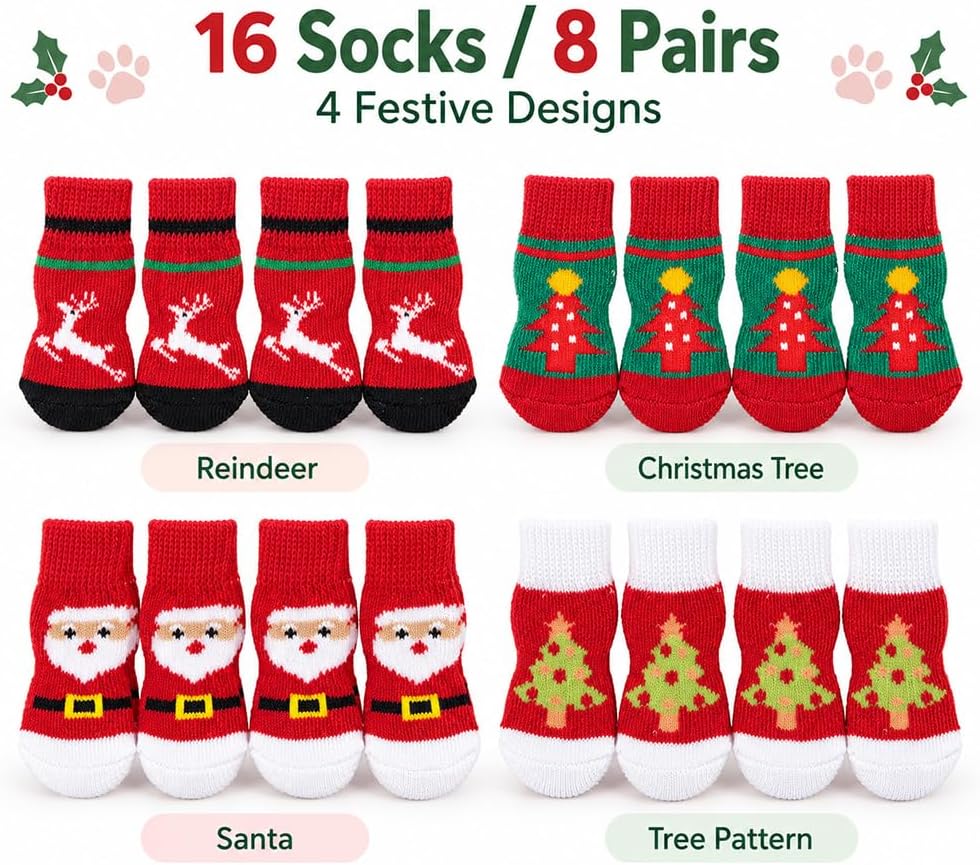 Christmas Dog Socks Non Slip with Grippers, Small Medium Large, 16pcs