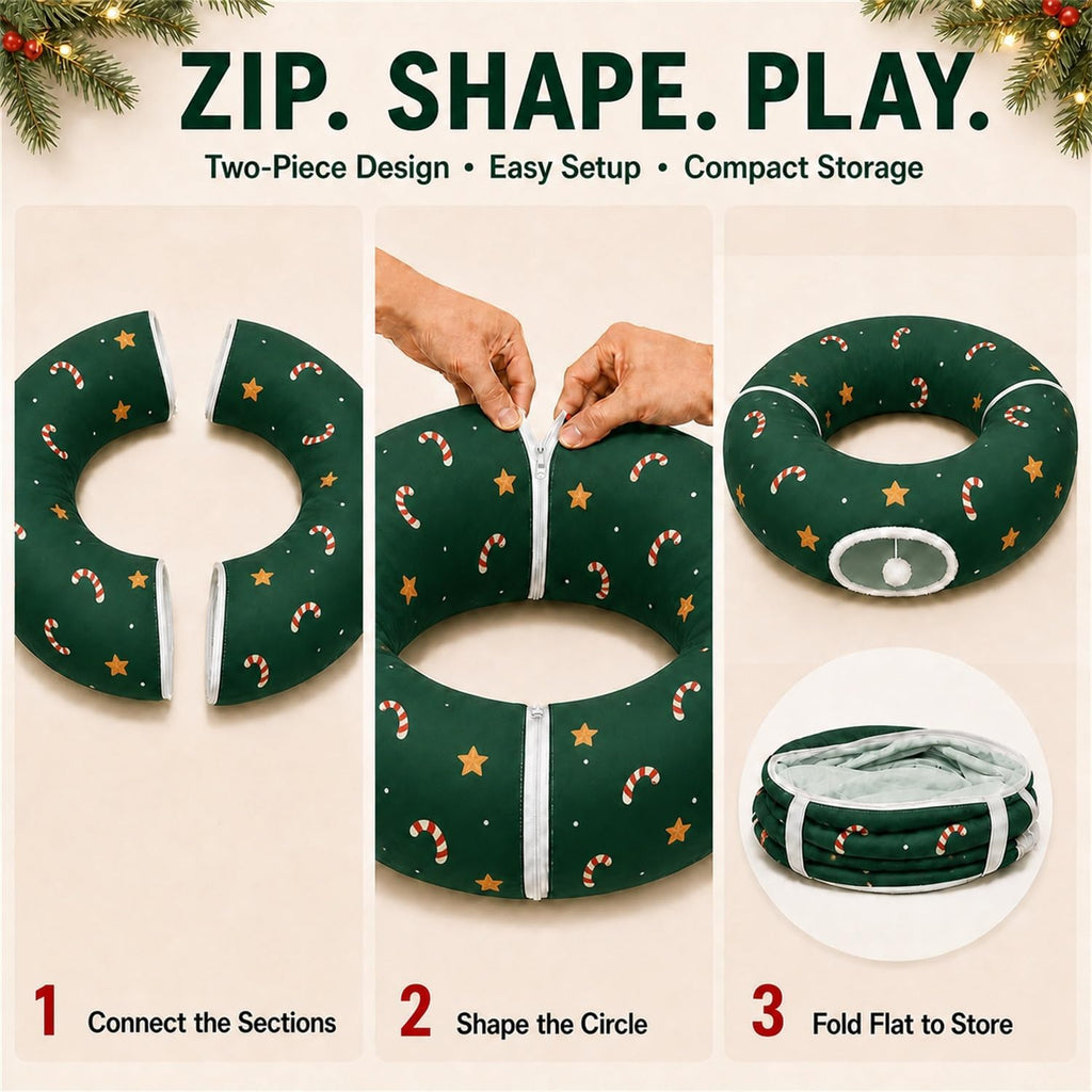 Cat Tunnel Under Tree in Christmas Style with Star, Crutches Candy, and Snowflakes Patterns - 3FT x 3FT x 9.8 INCH Size 