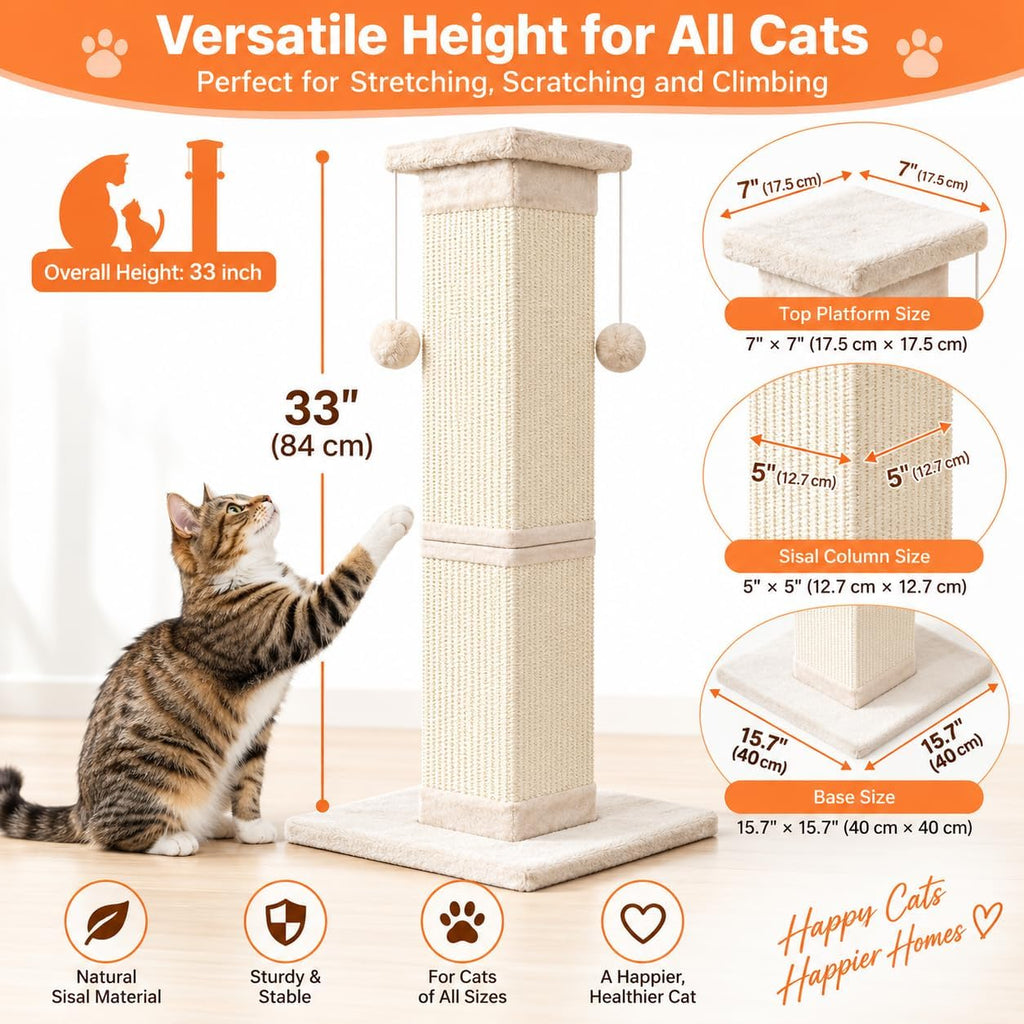 SOCATER Cat Scratching Post 33 Inch, Beige