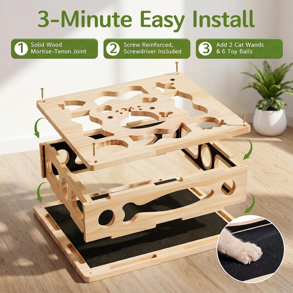 Cat Nail File Scratcher Box, 4-in-1 Interactive Wooden Scratch Puzzle Toy
