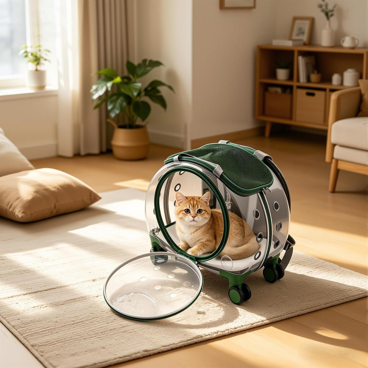 Portable Clear Cat Carrier, Pet Trolley Case with Silent Wheels, Green