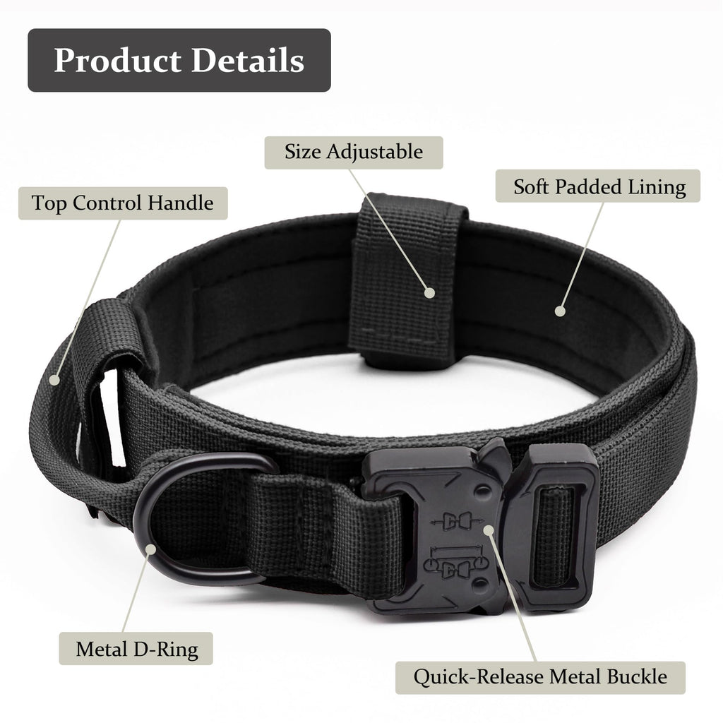 Tactical Dog Collar, Adjustable Military Training Nylon Pet Collar, Black L