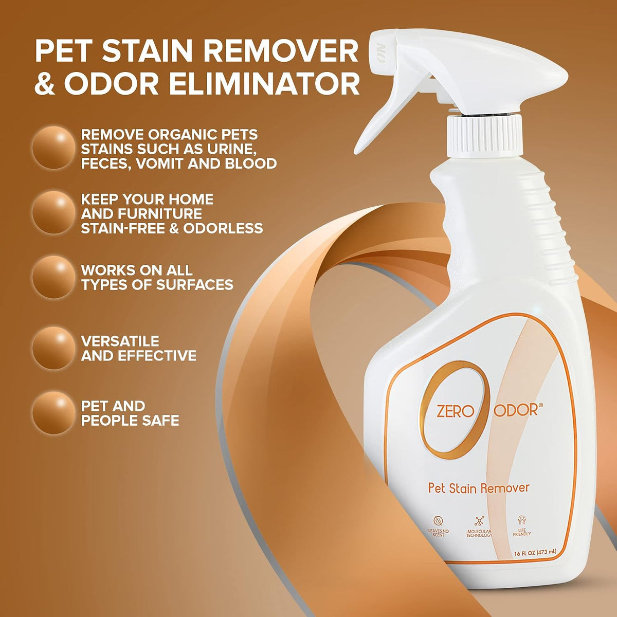 Zero Odor Pet Stain Remover & Odor Eliminator Spray for Carpet, 16 oz