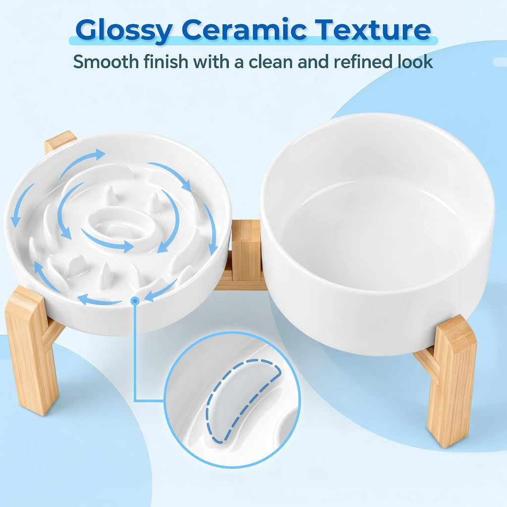 Raised Ceramic Slow Feeder Dog Bowls(0.8 Cups) with Dog Water Dish(700ML)