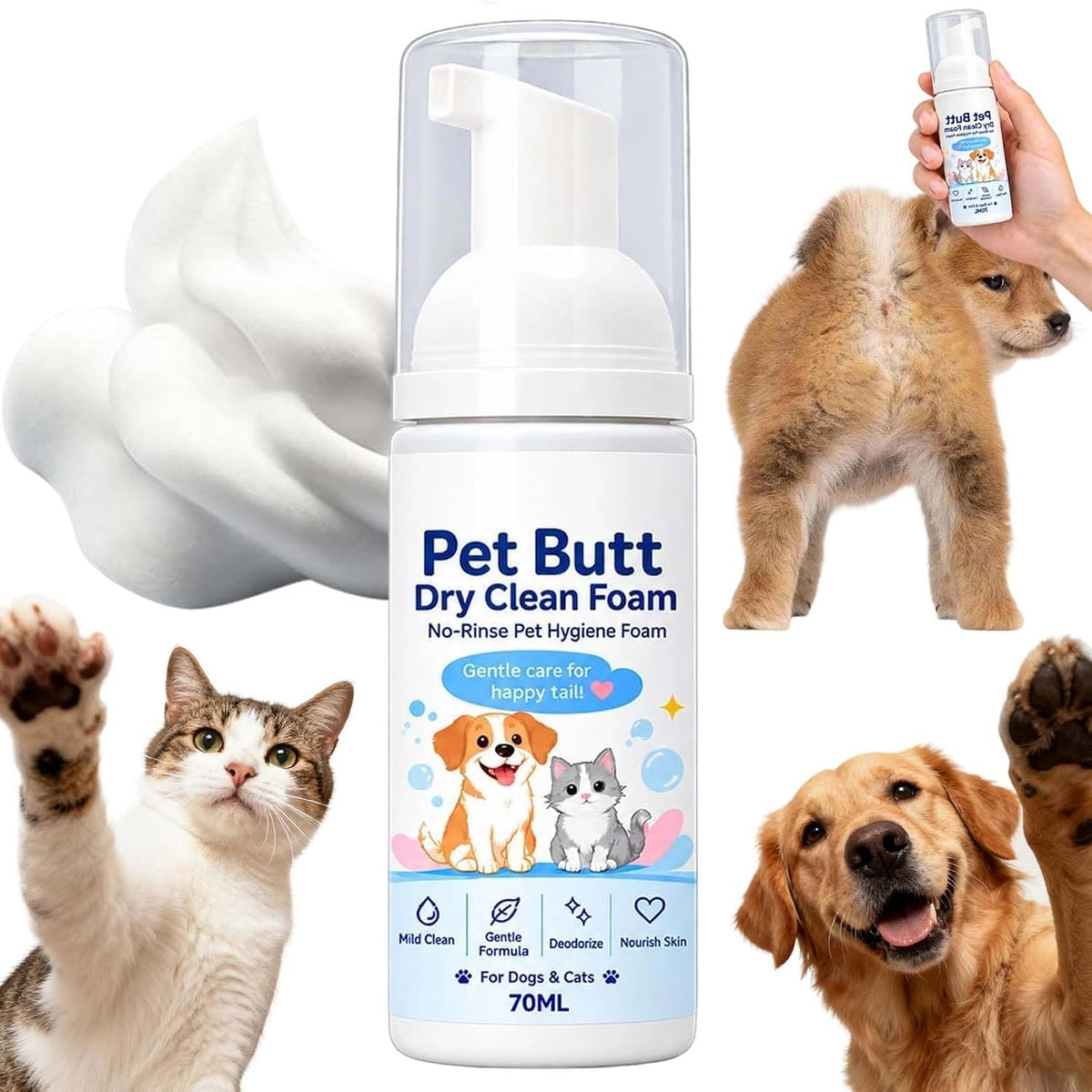 Pet Butt Dry Clean Foam for Dogs & Cats, Gentle Care & Cleansing