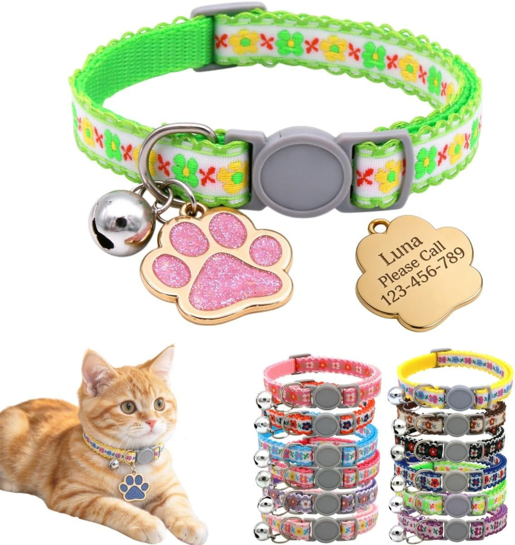 Personalized Breakaway Cat Collar with Name Tag, Embroidered Floral Collar