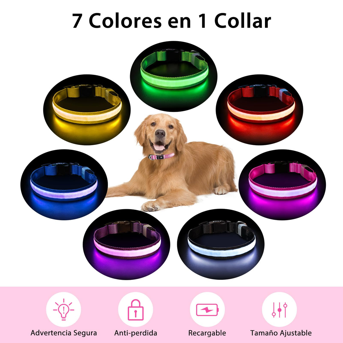 PcEoTllar Light up Dog Collar, Safe for Night Walking, Adjustable, Pink, M