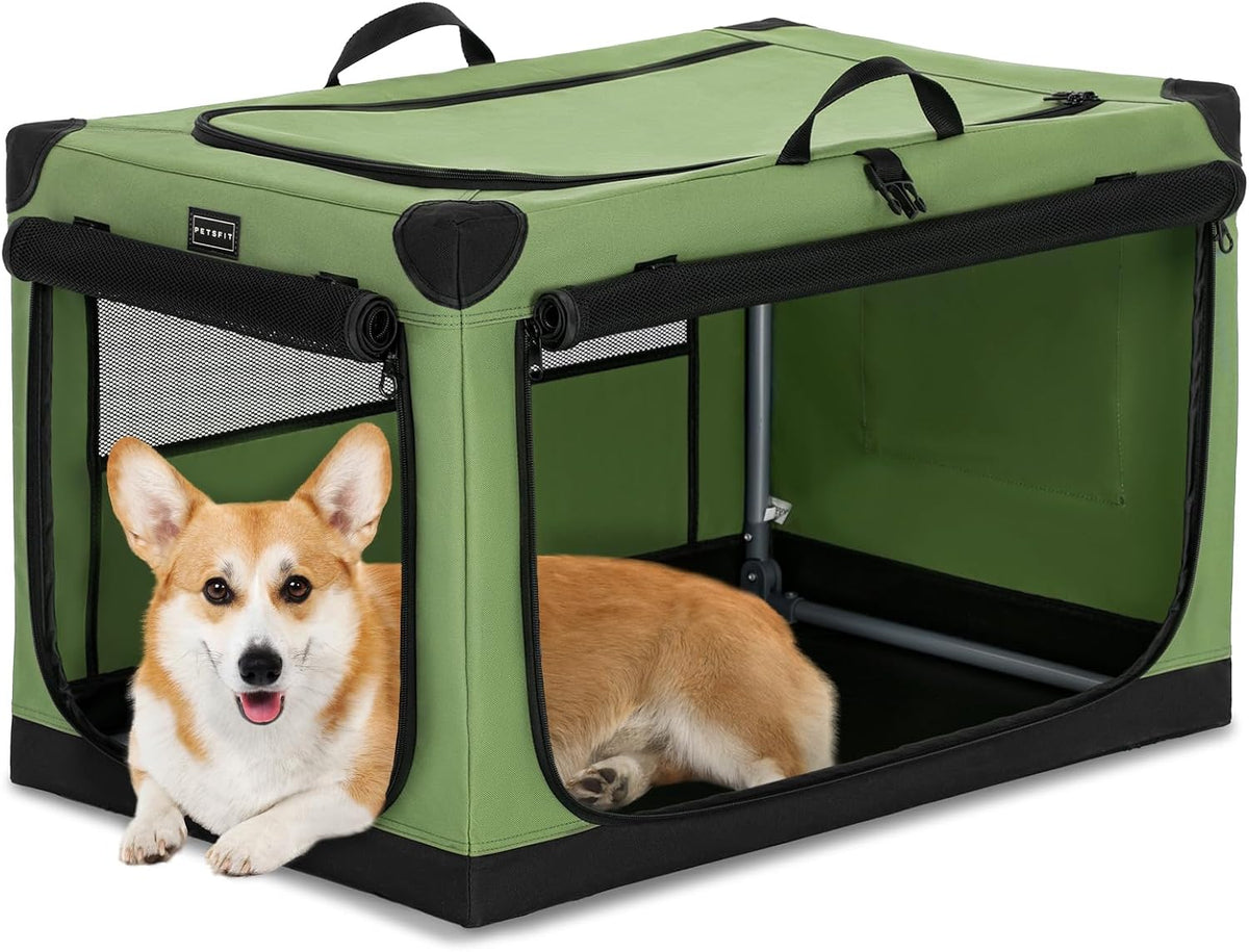 PETSFIT 30" Soft Portable Dog Crate – Patented Spiral Sturdy Frame, Collapsible Travel Kennel for Medium Dogs, 3 Mesh Do