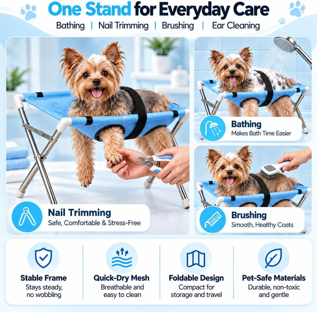 Dog Grooming Hammock with Stand for Small Dogs and Cats, Foldable Stainless Steel Frame, 8-Opening Mesh Sling for Nail T