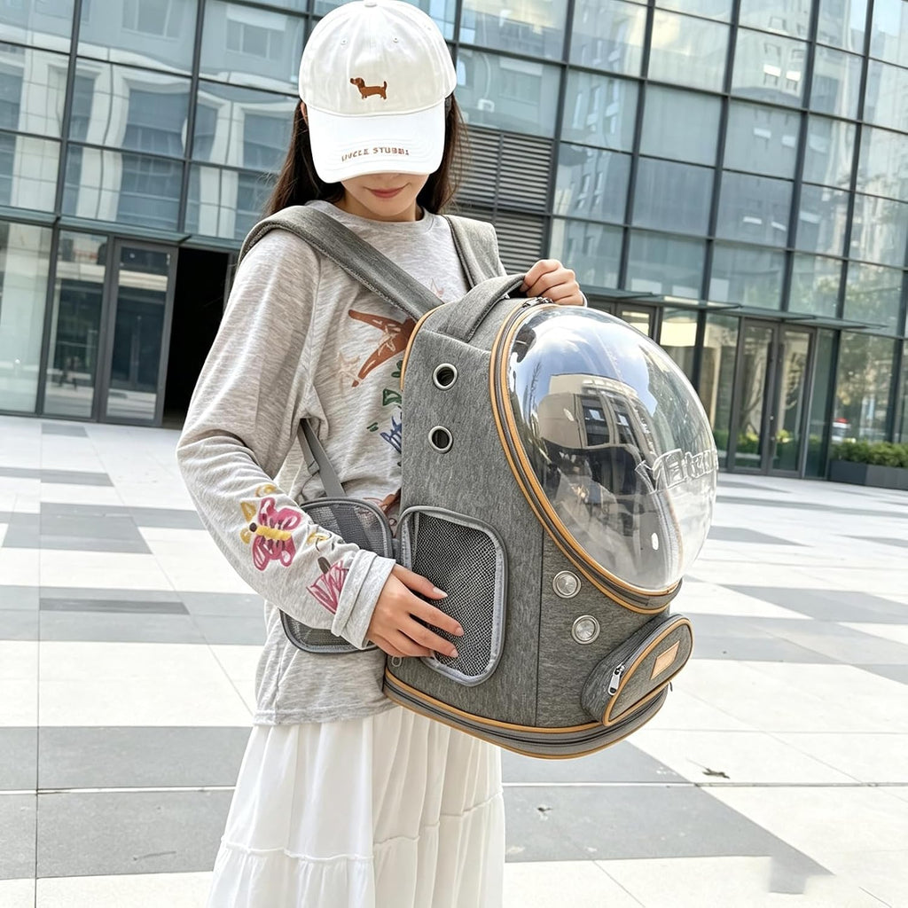Cat Carrier Backpack with Trolley, Space Capsule Bubble Window (Gray)