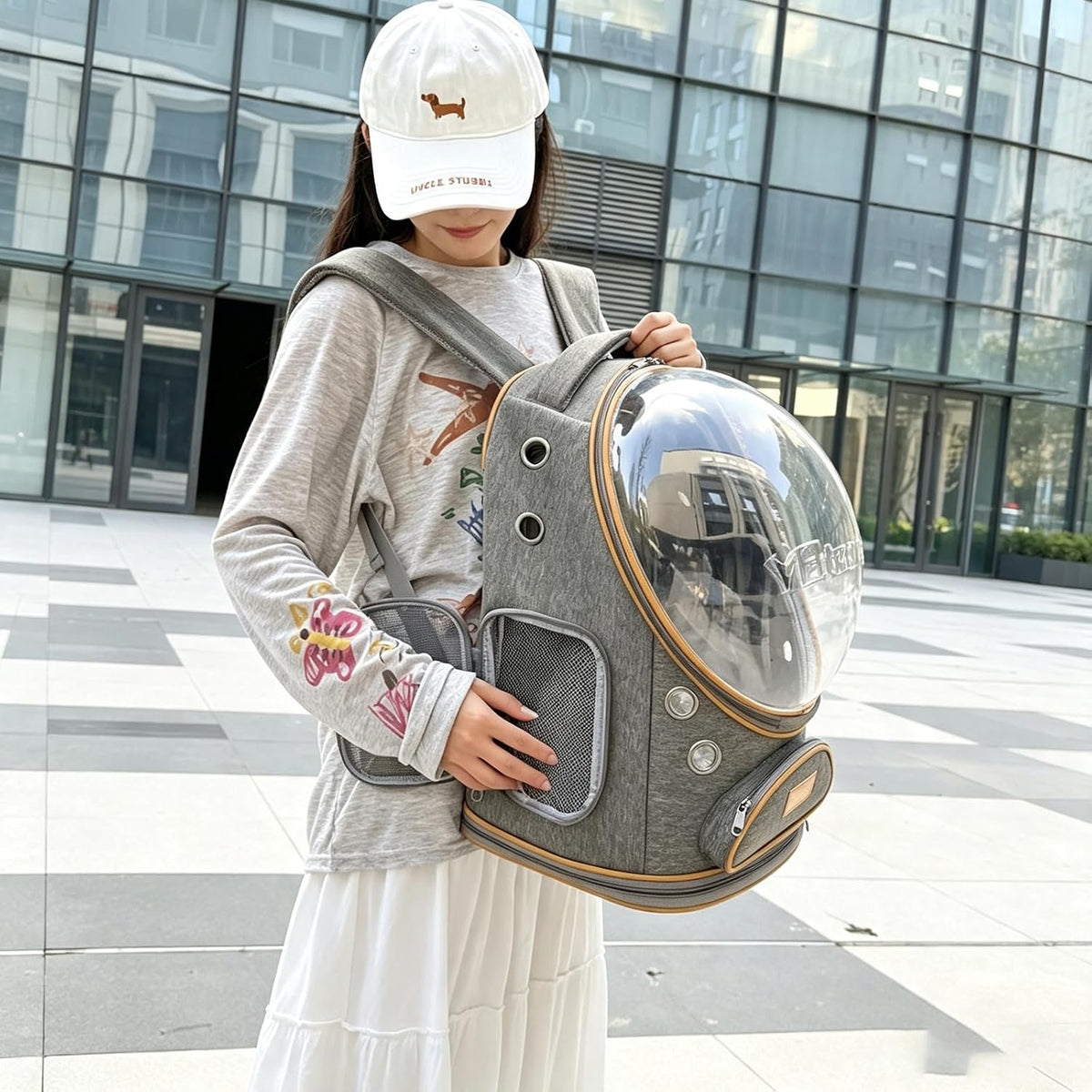 Cat Carrier Backpack with Trolley, Space Capsule Bubble Window (Gray)