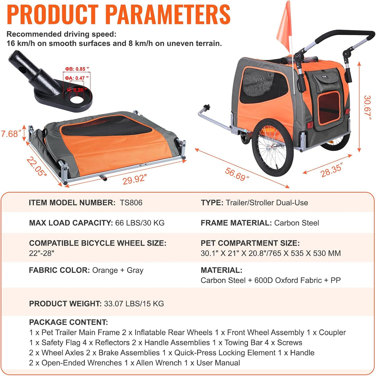 VEVOR Dog Bike Trailer, Supports up to 66/88/100 lbs, 2-in-1 Pet Stroller Cart Bicycle Carrier, Easy Folding Cart Frame 